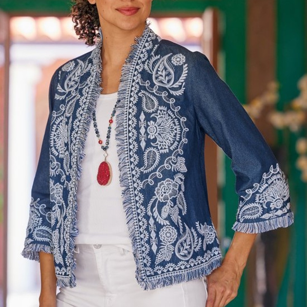 Soft Surroundings Mesaria Jacket Embroidered‎ Dark Denim Open Front Large 2GN81